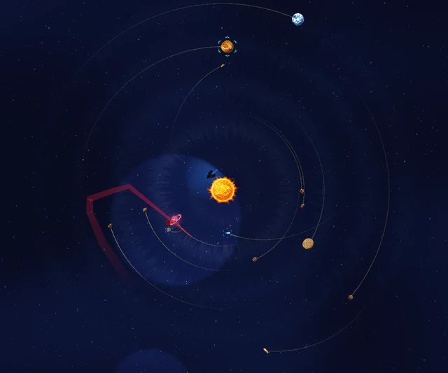 Screenshot of System Conquest: planets and asteroids orbiting a blazing sun, with a fleet plotting its course across the system