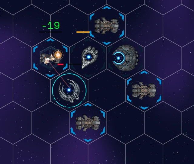 Screenshot of a Fleet Duel: rival fleets trading fire across a hex battlefield